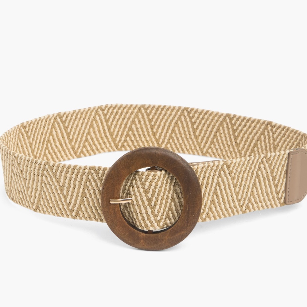Vince Camuto Beige Patterned Belt with Wooden Buckle